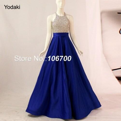 Elegant Covered back Halter Crystal Beaded Prom Dresses Sexy Ball Gowns Long Robe De Soiree 2018