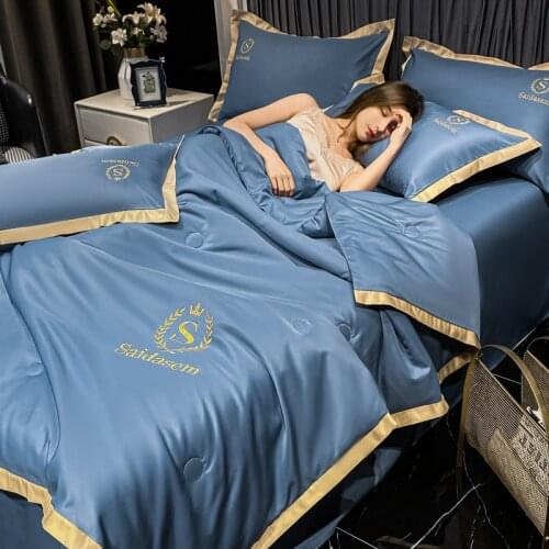 Pure cotton embroidered summer quilt four piece washable silk summer quilt simple pure color air conditioner quilt