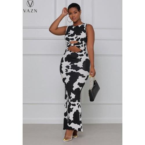 VAZN 2021 Summer New Casual Fashion Street Sexy Elegant Slim Print Sleeveless Hollow-Out long Dress