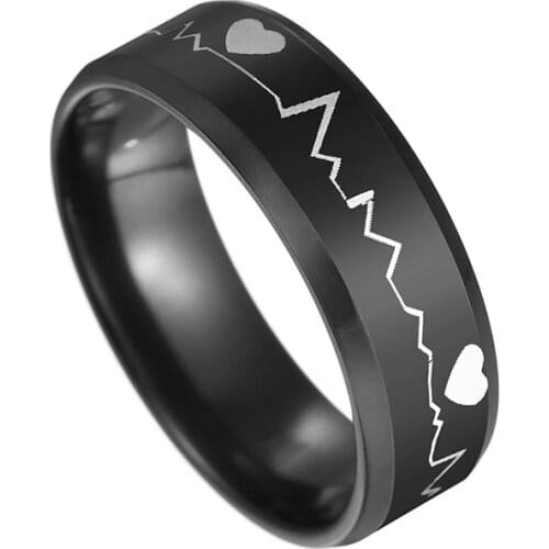 Fashion Stainless Steel Black Ring Momen Romantic Bohemian Electrocardiogram Heart Couple Ring Jewelry for Lovers Wide 8mm