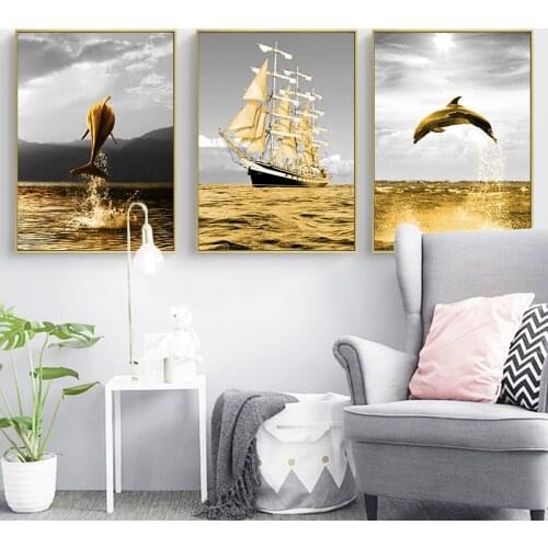 Golden Ocean Landscape Wall Art Canvas Painting Dolphin Posters and Prints Home Decoration Wall Pictures for Living Room Decor