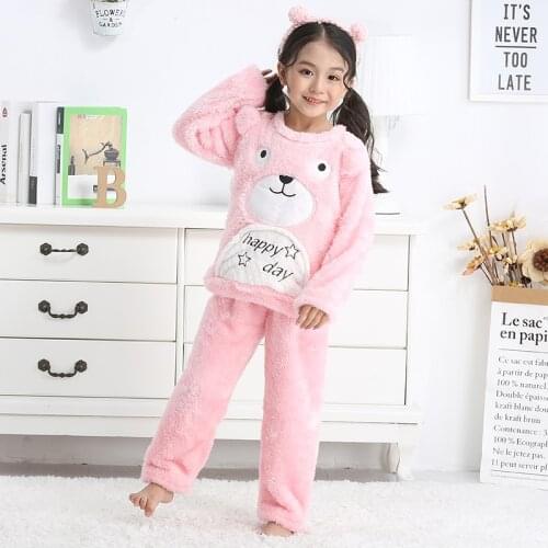 New pink bear Baby Clothes Pajamas Sets Girls Pajamas Children Warm Flannel Fleece Catoon Kids Sleepwear Home Suit Winter Spring