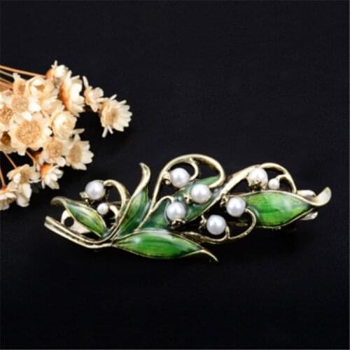 Charm Gifts Simulated-pearl Gold Color Metal Barrettes Hair Jewelry Green Enamel Flowers Hair Clips Wedding Hair Accessories