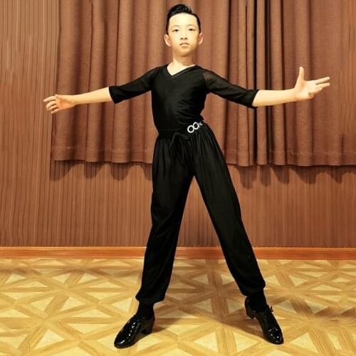 Boys Latin Dance Clothes Black Suit V-neck Tops Trousers Ballroom Tango Practice/Competition Costume Dance Boys Shirt Pant L4374