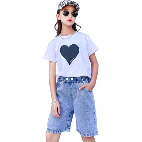 Teen Girls Clothing Heart Tshirt + Denim Short Girls Clothing Summer Costume For Girl Casual Childrens Clothing 6 8 10 12 14