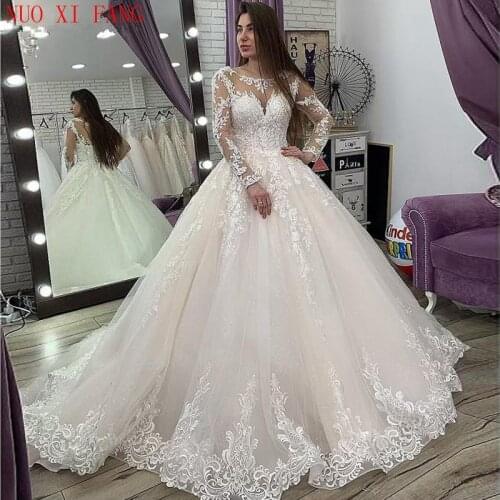 Luxury Lace Appliques A-line Wedding Dresses 2020 Long Sleeves Scoop Neck Floor Length Vestido de novia Bridal Gowns trouwjurk