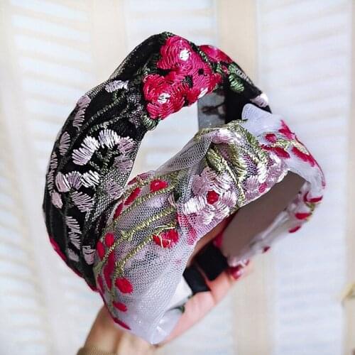 12pcs Ladies Retro Embroidery Headband Chinese National Headwear Girls Sweet Top Knot Mesh Hairband European American Style