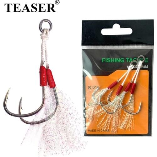 TEASER 5Bags 1/0 2/0 3/0 4/0 Slow Jigging Fishing Lure Cast Jigs Assist Hook Barbed Jig Hooks Thread Feather Pesca High Carbon