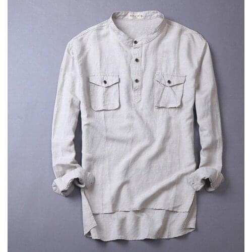 Unique designer long sleeve linen shirts men fashion casual men shirt cotton double pocket solid shirt for men brand chemise