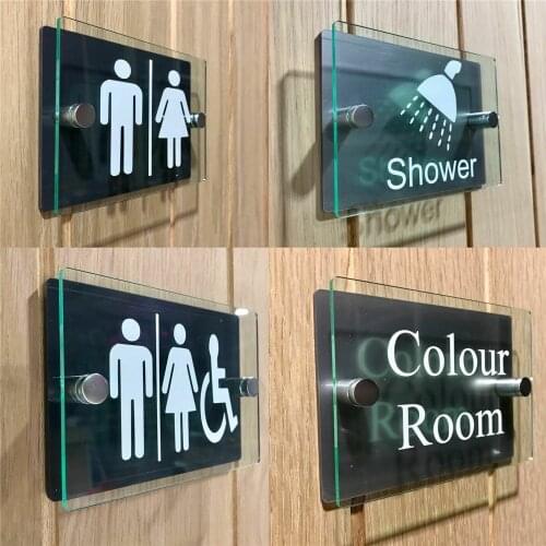 MODERN GLASS ACRYLIC TOILET SIGN BLACK MODERN BATHROOM DOOR SIGN PLAQUE