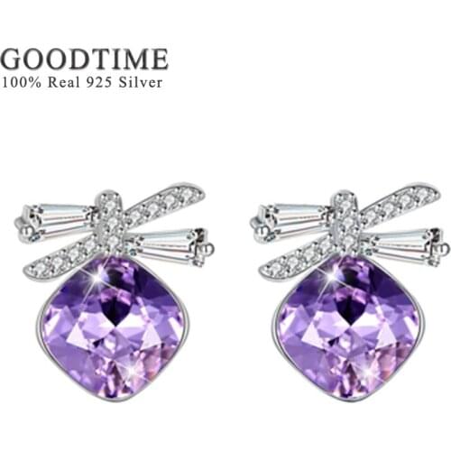 GOOGTIME Glitter Austrian Crystal Earrings Stud Real 925 Sterling Silver Square Stone Bow Earring for Women Jewelry Accessories
