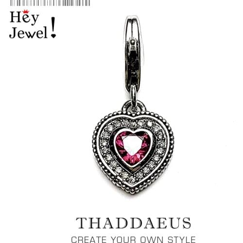 Heart with Red Stone Charm Vintage Sterling Silver 925 Fashion Jewelry Fit Bracelet Chain Jewelry Women Eternal Love Gift