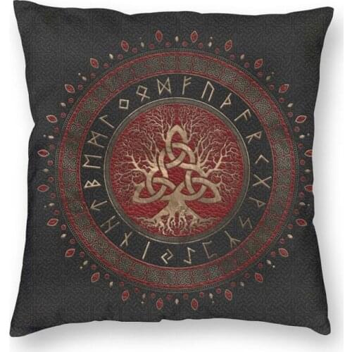 Vibrant Tree Of Life With Triquetra Black Red Leather And Gold Throw Pillow Case Home Decor Viking Norse Yggdrasil Cushion Cover