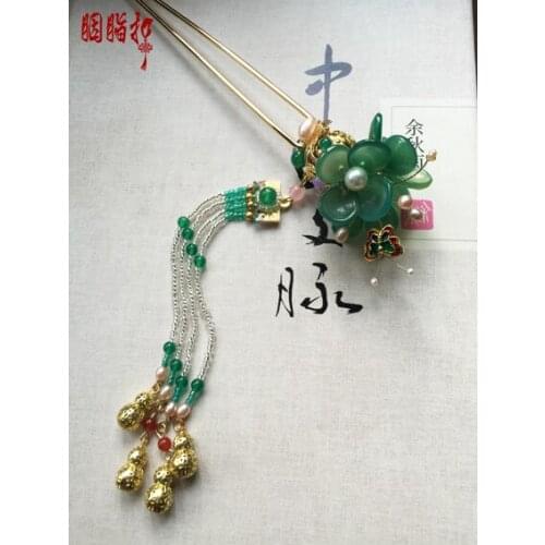 Green Agate Round Bottle Tassel Hair Stick Vintage Chinese Handmade Hair Jewelry Hanfu Cos Hair Accessory