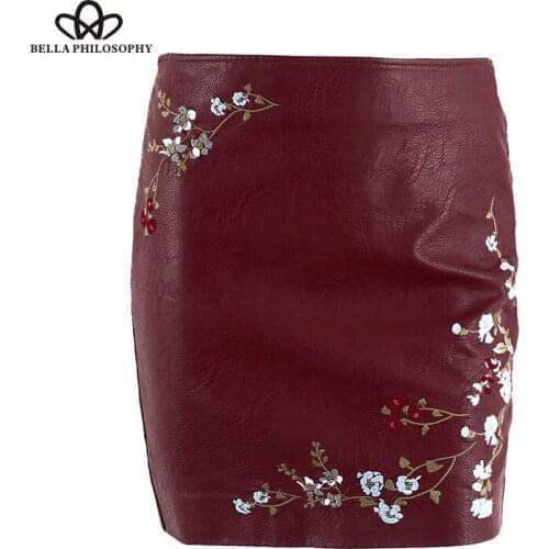 Bella Philosophy Autumn Winter Women Skirt Female Embroidery PU Leather Zipper Mini Skirt Ladies Fashion Vintage Pencil Skirt