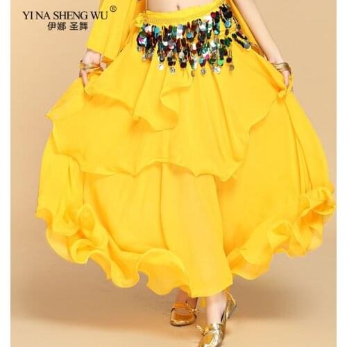 Women Belly Dance Long Skirt Bellydance Costume Skirts Adult Stage Performance Skirt Female Three-Layer Chiffon Practice Skirt
