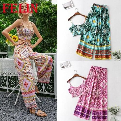 Za Summer Boho Women Sets 2 Pieces Floral Print Cropped Tops Women and High Waist Elastic Long Pants Women Fashion 2021 Suits