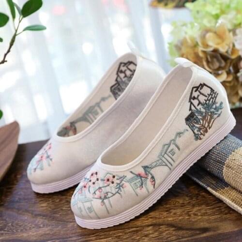 Spring Autumn China Style Retro Increasing Height Wedges Shallow Cross-tied Embroider Canvas Women Pumps Ladies Casual Shoes