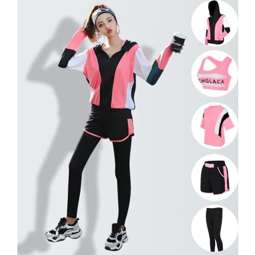 Plus Size New Fitness Women 5 in 1 Set Yoga Set Sport Bra & Sport Pants & Hoodies Jacket Sportswear Suit Outdoor Jogging