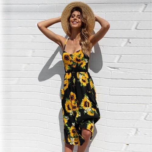 Plus Size Sunflower Print Button Beach Dress Women S-3XL Pocket Midi Dress Sexy Slip Dress Ladies Vestido