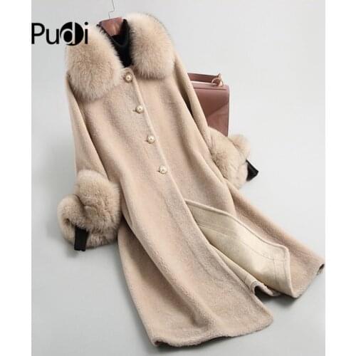 PUDI A19003 Lady Real Wool Sheep Shearing Fur Coat Women Fox Collar Winter Warm Genuine Fur Coat Winter Warm Coat