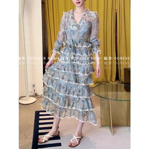 Elegant fairy skirt floral skirt layered ruffled cake dress 2021 summer new womens lantern sleeve long dress evening dress