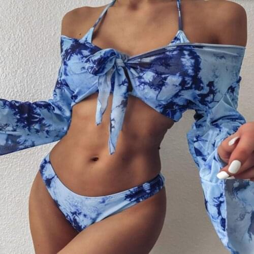 3Pcs/Set Sexy Bikinis Set Women Swimsuit Leopord Padded Halter Tops Bras+ Briefs+Cropped Shawl Swimwear Women bikinis 2021 mujer