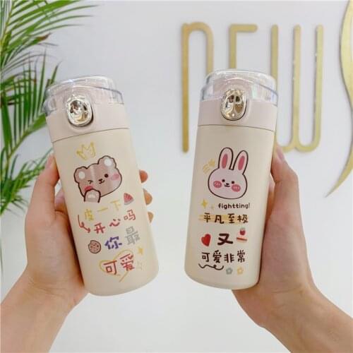 320/420ml Kawaii Bear Thermos Cup Stainless Steel Mugs Cute Cartoon Thermos Vacuum Flasks Student Kids Water Bottle With Strap