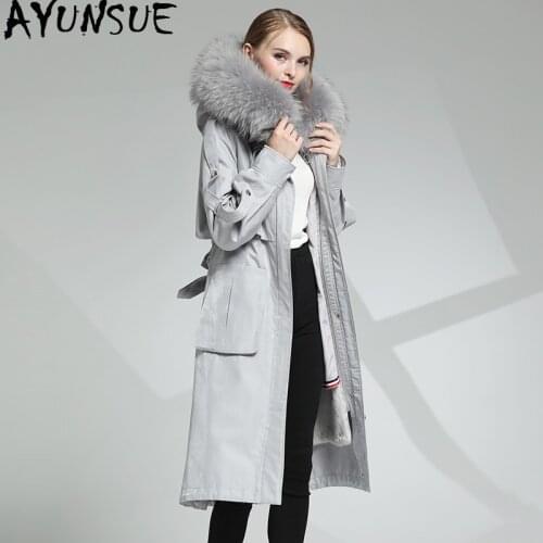 AYUNSUE 2020 Real Fur Coat Female Real Rabbit Fur Liner Parka Winter Jacket Women Raccoon Fur Collar Long Trench Coats MY3918