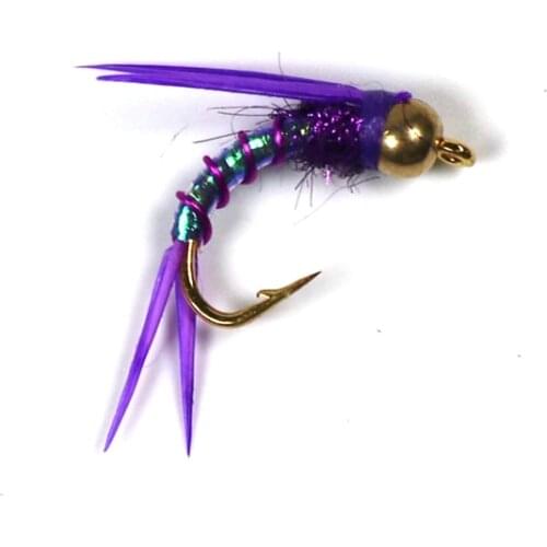 Bimoo 6PCS #12 Psycho Prince Nymph Crazy Purple Prince Nymph Fly Bright Brass Bead Head Trout Fishing Flies