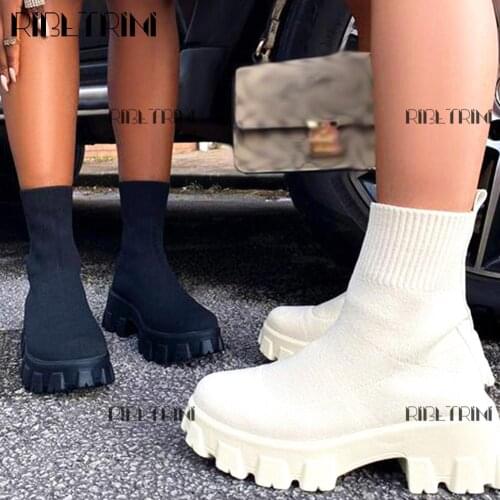 Brand Fashion Platform Chunky Heel Knitted Sock Short Women Boots Thick-Soled Mesh Breathable Comfy Shoes Woman Big Size 42