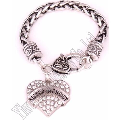 15CM length for child Drop Shipping studded with crystals SISTER IN CHRIST heart pendant bracelet