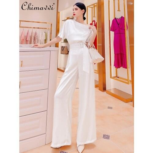 Elegant Fashion Women Solid Color Short Sleeve Slash Neck T-shirt Top Long Loose Wide Leg Pants Two-Piece Suit with Sash