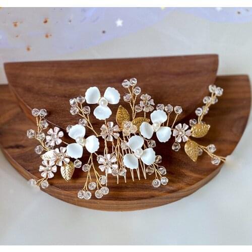 Handmade White Flower Bridal Hair Comb Tiaras Crystal Pearls Headpiece Wedding Headware Hair Accessories Head Jewelry