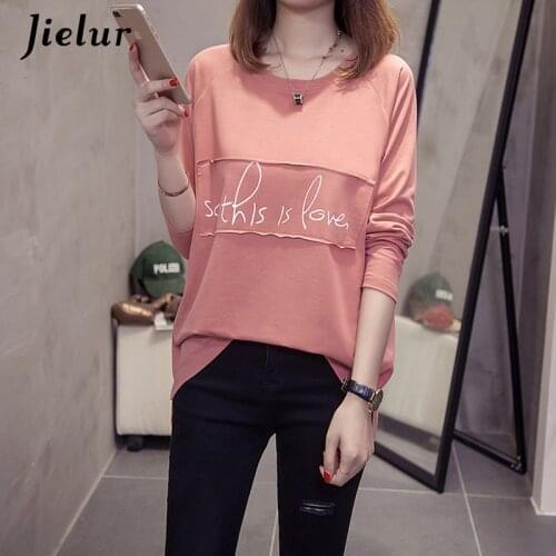 Jielur Letter Printed Korean Female T-shirt Long Sleeve Casual White Fall Womens T Shirts Hipster Harajuku Ladies Tee Tops M-XL