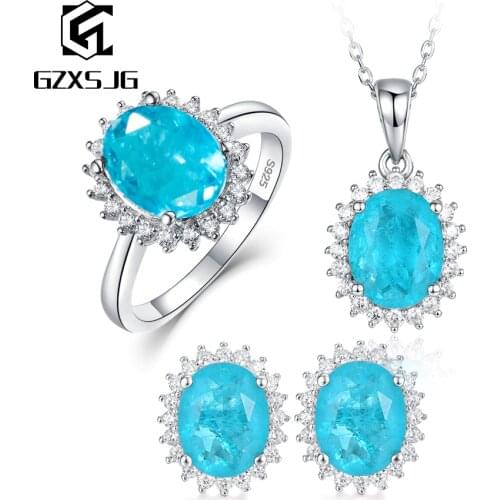 GZ Jewelry Sets 925 Sterling Silver Paraiba Tourmaline Gemstones Earrings Pendant Necklace Rings Set for engagement Fine jewelry