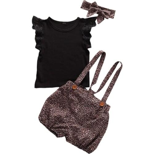 Baby Girl Summer Leopard Outfit Three Piece Set Flying Sleeve Top + Leopard Strap Shorts + Headband Set