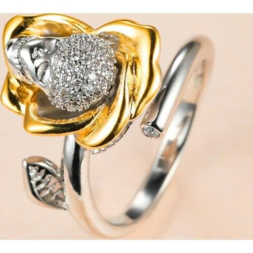 Cute Boho Female Skull Flower Ring Yellow Gold Silver Color Engagement Ring Vintage Crystal Wedding Rings For Women