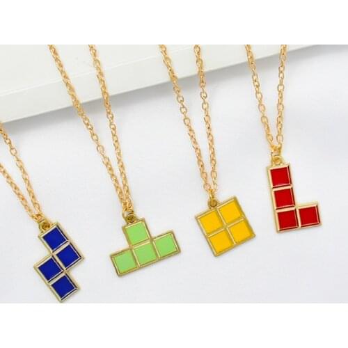 Fashion Tetris Square Necklace Blue Green Yellow Red Pendants Necklaces Geometry Chokers for Women Gift Trendy Jewelry Gift