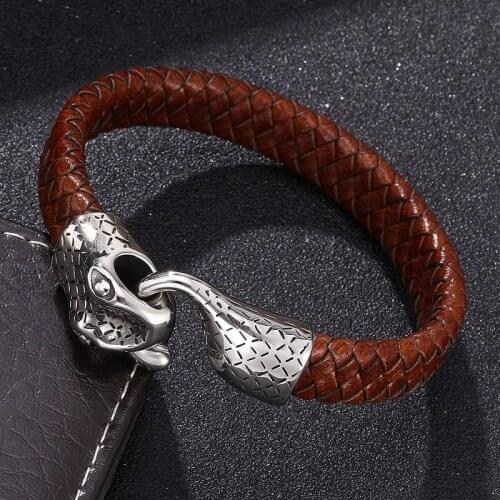 Trendy Black/Brown Braided Leather Bracelet Men Jewelry Snake Shape Stainless Steel Clasp Male Wrist Band Bangles Lucky Gift 758
