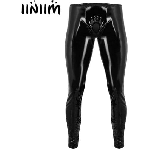 Mens Lingerie Wetlook Slim Fit Shiny Patent Leather Nightclub Party Tight Pants Leggings Trousers with Open Penis Hole