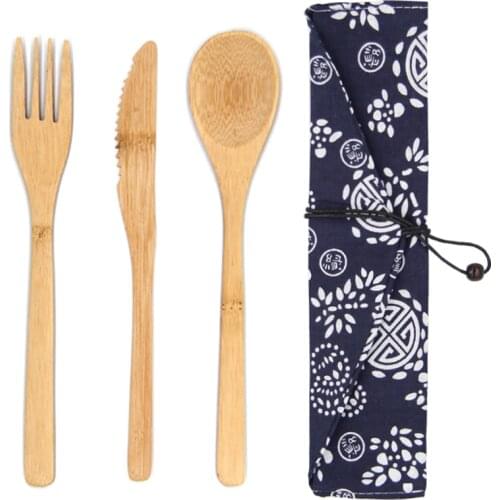 3Pcs/set Wooden Dinnerware Set Bamboo Fork Knife Soup Teaspoon Catering Cutlery Set With Cloth Bag Kitchen Cooking Tools Utensil