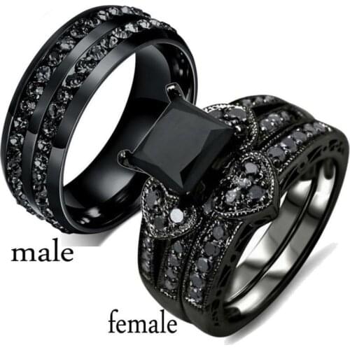 Fashion Couple Rings Women Black Heart Crystal CZ Rings Set Mens Two Rows Black CZ Stone Stainless Steel Ring Wedding Jewelry