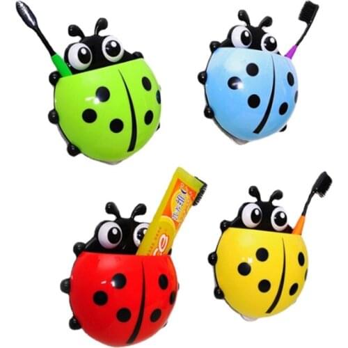 1pcs Ladybug Cartoon Toothbrush Holder Bathroom Toothbrush Toothpaste Wall Suction Holder Rack Container Organizer