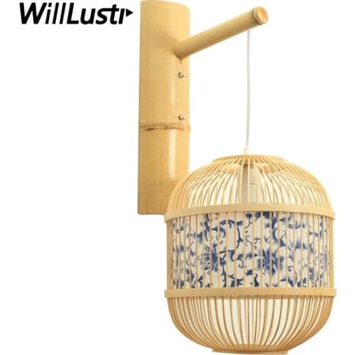 China Style Bamboo Wall Light Vintage Blue And White Porcelain Pattern Hotel Aisle Restaurant Doorway Bar Handmade Sconce Lamp