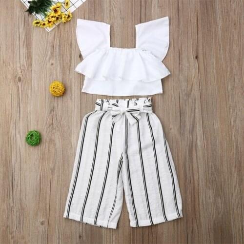 New 2PCS Fashion Toddler Baby Girls Vest Sleeveless Top Stripe Print Pants Kids Clothes Set Outfits 2-7Years