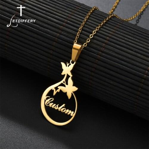 Letdiffery New Fashion Custom Name Neckalce Personalized Butterfly Pendant Oval Necklaces Stainless Steel for Women Jewelry Gift