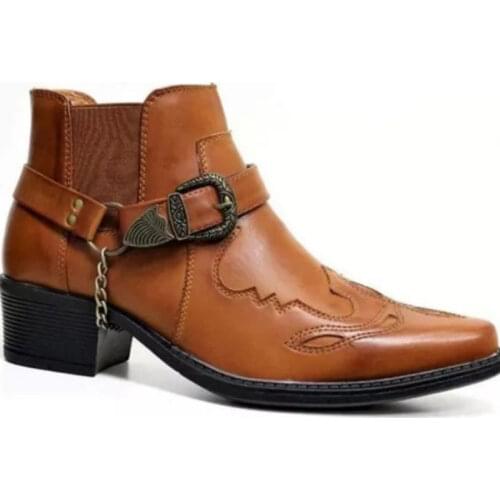 Autumn New Men Ankle Boots Chelsea Boots Thick Heel Pointed Metal Decoration Adjustable Belt Buckle Boots Cowboy Shoes AQ200
