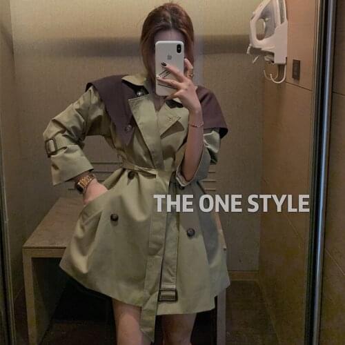 Autumn Women Fashion Double-breasted Windbreaker Color Patchwork Wrap Stitching Long Trench Retro Long-sleeved Belt Waisted Coat