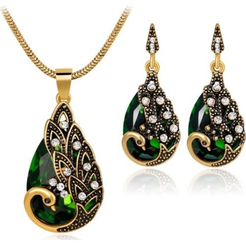 Fashion Blue Stone Waterdrop Necklace With Earings metal Vintage necklace earrings women Peacock jewelry sets